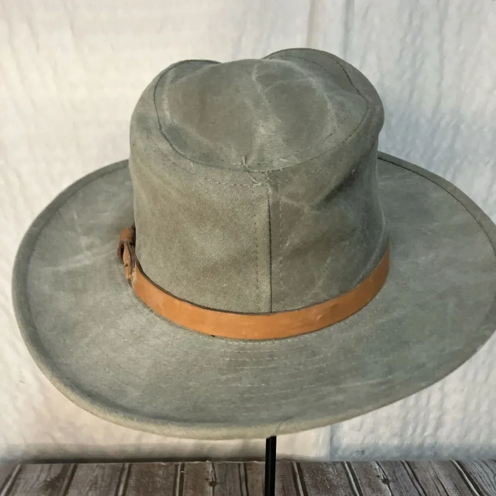 VTG SAGE Oilskin (waxed Cotton) Outback Safari Hat USA Leather Band L - Picture 5 of 11